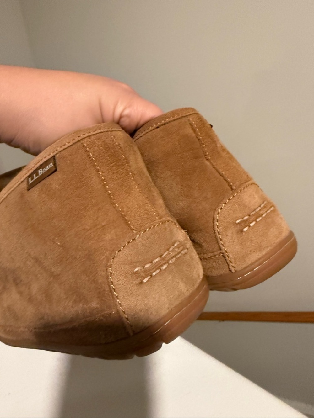 L.L. Bean Chestnut Suede Moccasin Slippers with Shearling Lining